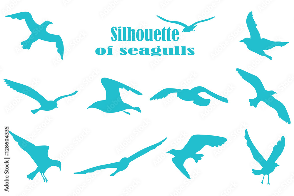 Fototapeta premium Silhouettes of birds isolated on white background. Icons gulls.