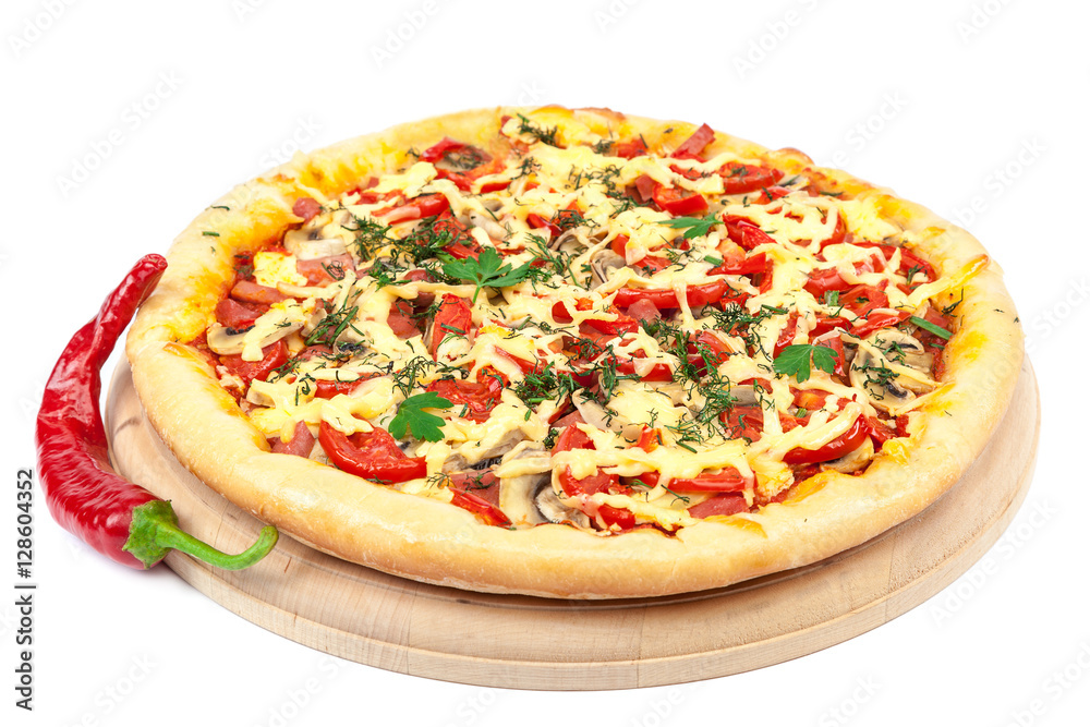 Pizza on a wooden board isolated on white background