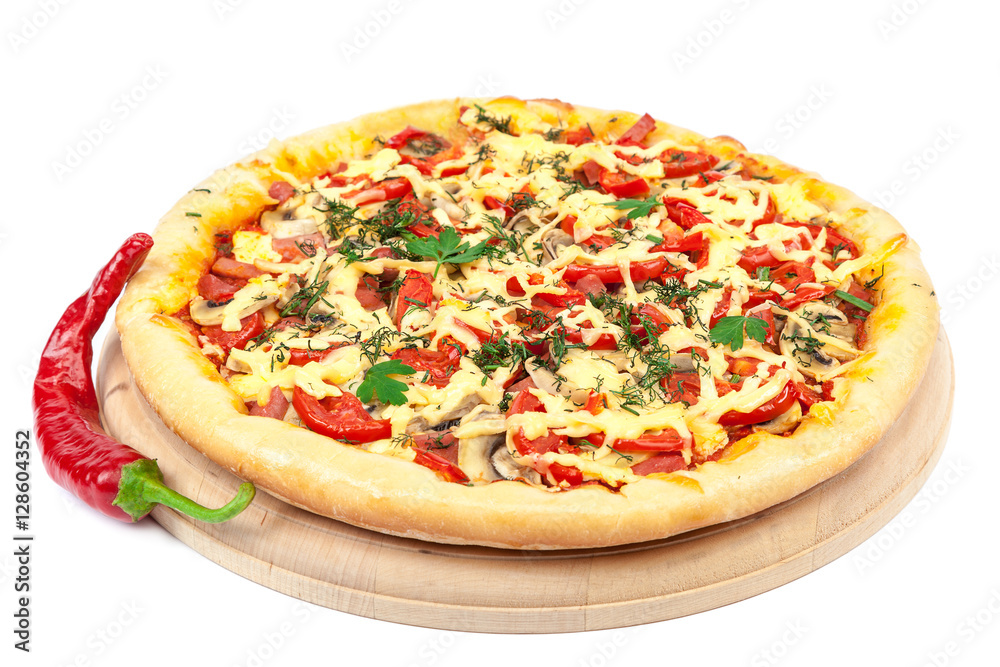 Pizza on a wooden board isolated on white background Pizza on a wooden board isolated on white background
