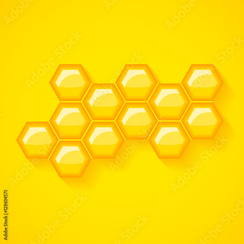 Golden yellow honeycomb vector background. Shiny honey wax cells vector illustration.