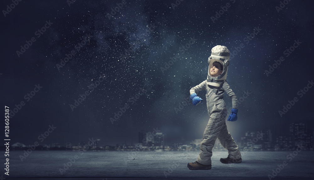 She wants to become astronaut . Mixed media - obrazy, fototapety, plakaty 