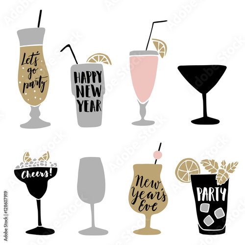 Set of hand drawn alcoholic cocktails with lettering quotes. Happy New Year concept. Isolated vectors.