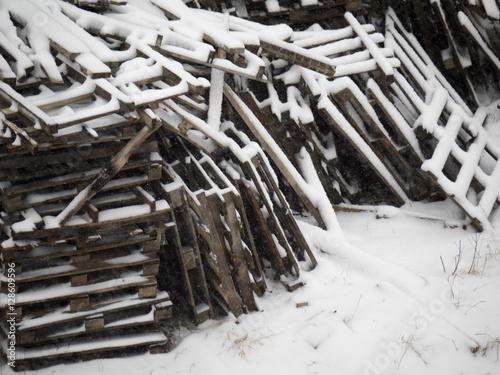 wooden pallet in the snow