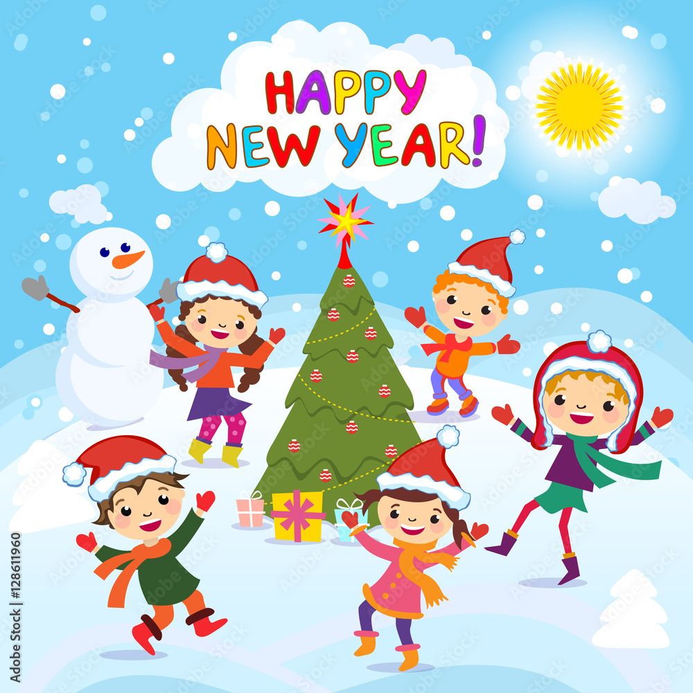 Happy New Year. 2017. Winter fun. Cheerful kids playing in the snow. Stock vector illustration of a group of happy children in red Santa hat and playing near Happy New Year. 2017. Winter fun. Cheerful kids playing in the snow. Stock vector illustration of a group of happy children in red Santa hat and playing near