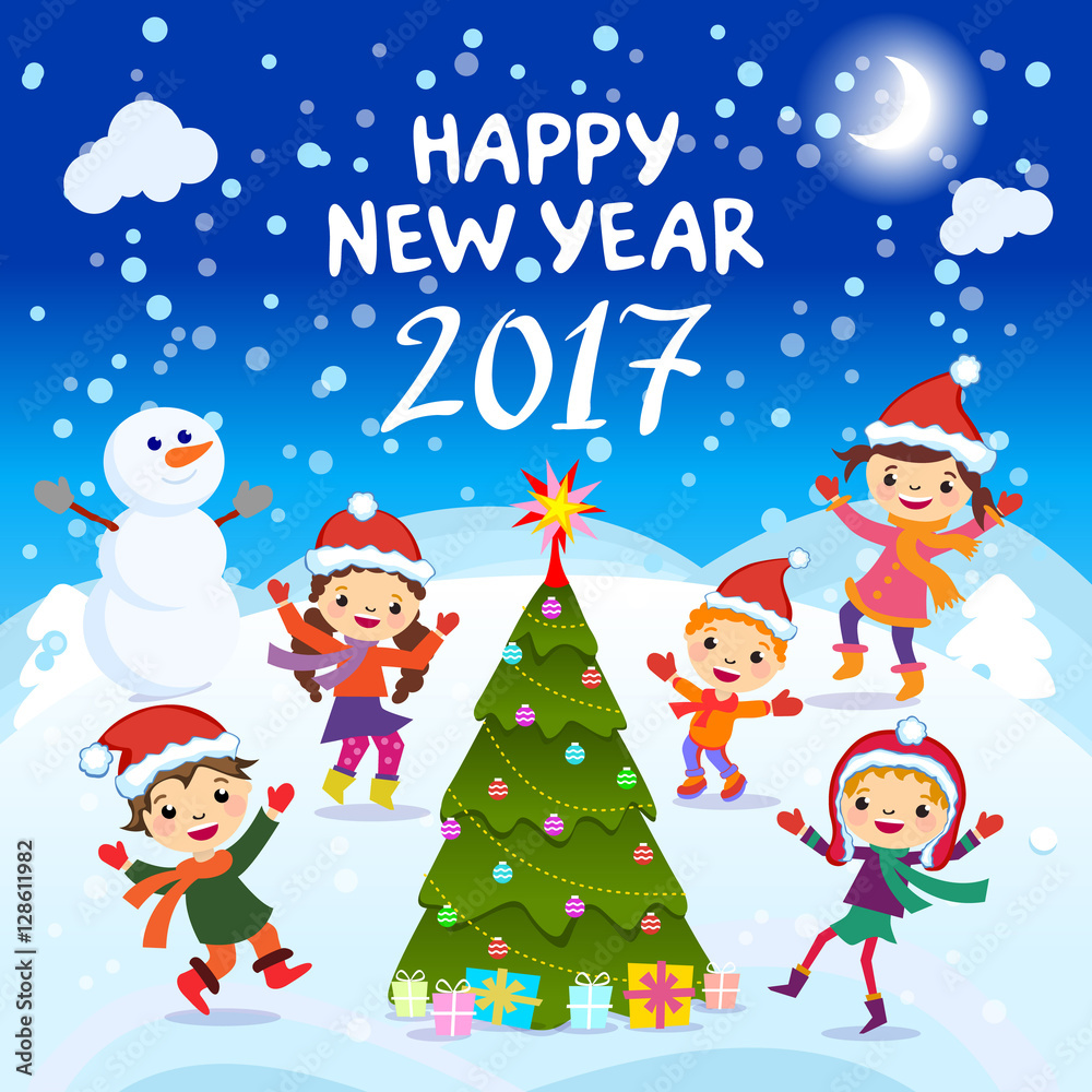 Happy New Year. 2017. Winter fun. Cheerful kids playing in the snow. Stock vector illustration of a group of happy children in red Santa hat and playing near art Happy New Year. 2017. Winter fun. Cheerful kids playing in the snow. Stock vector illustration of a group of happy children in red Santa hat and playing near art