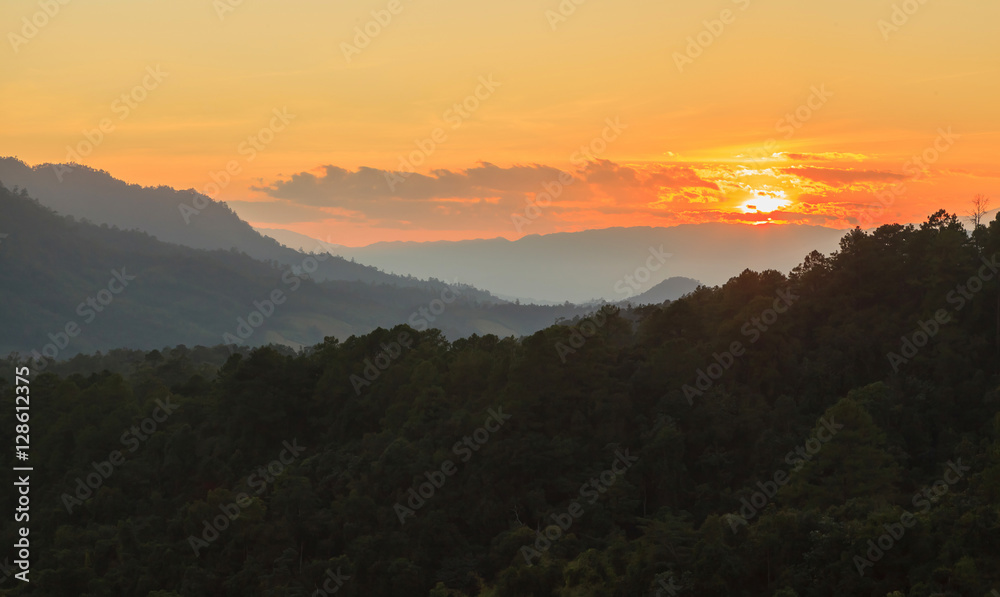 Beautiful sunset over Doi Luang big mountain, Thailand