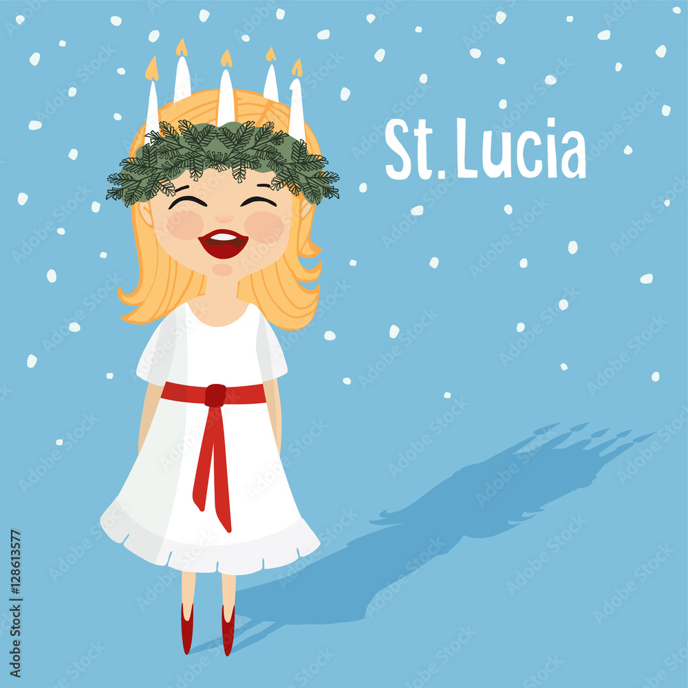 Cute little girl with wreath and candle crown, Saint Lucia. Swedish Christmas tradition. Vector. Cute little girl with wreath and candle crown, Saint Lucia. Swedish Christmas tradition. Vector.
