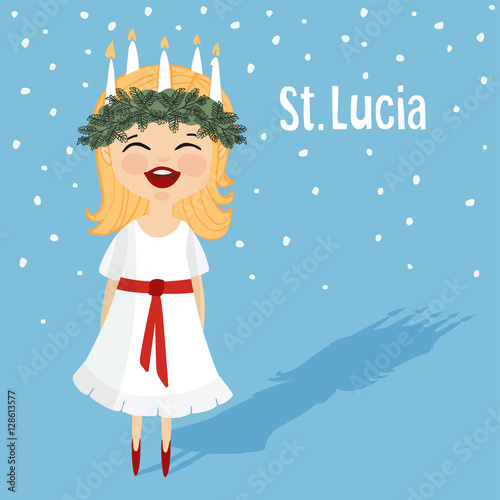 Cute little girl with wreath and candle crown, Saint Lucia. Swedish Christmas tradition. Vector.