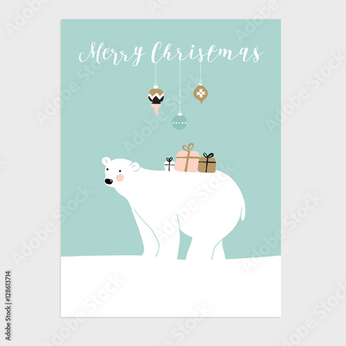Cute Christmas greeting card, invitation with polar bear and gift boxes. Vector.