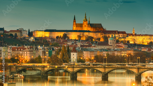 Prague Castle in lights, panoramic view from Vysehrad, Czech Republic, Europe