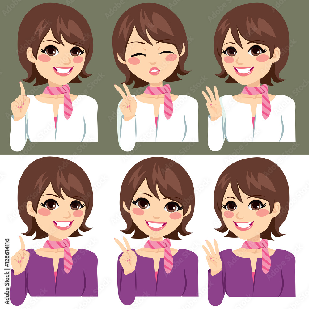 Beautiful young woman counting numbers from one to three with fingers on two color uniform version Beautiful young woman counting numbers from one to three with fingers on two color uniform version