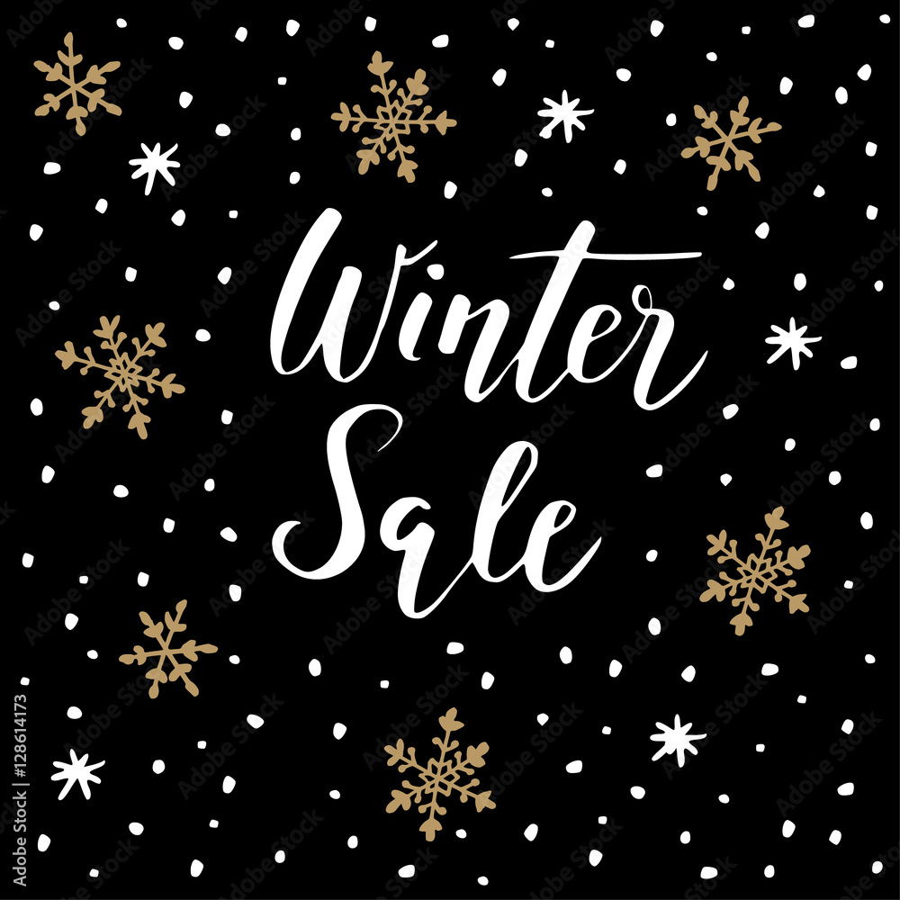 Winter sale background with handwritten text, doodle snowflakes. Business concept. Vector.