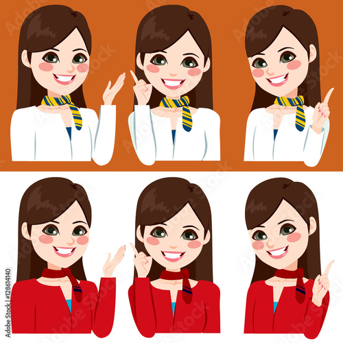 Beautiful young stewardess smiling making different hand sign expressions on two color uniform version