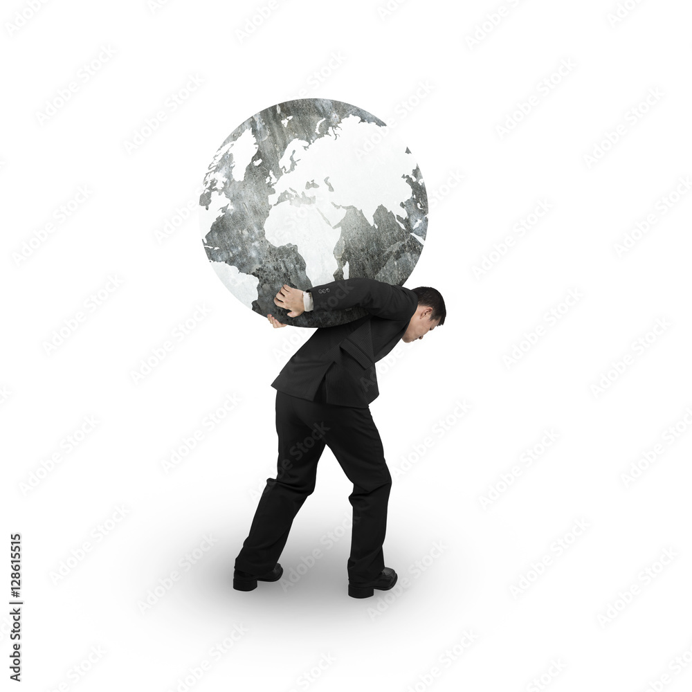 Man carrying one black white globe Man carrying one black white globe