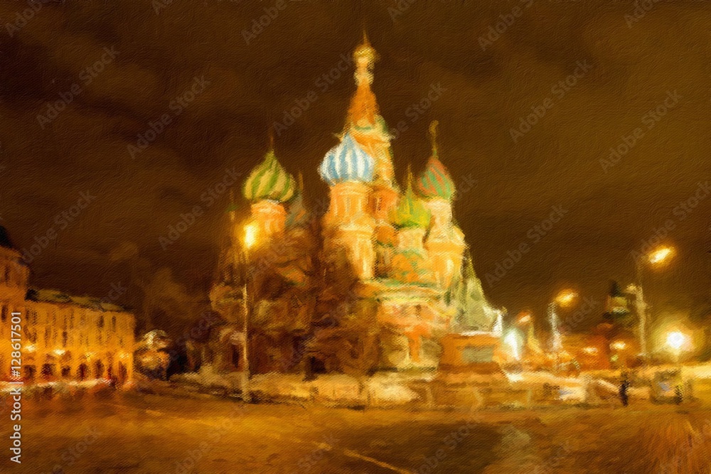 St. Basil's Cathedral on Red Square at night. Oil painting effect.