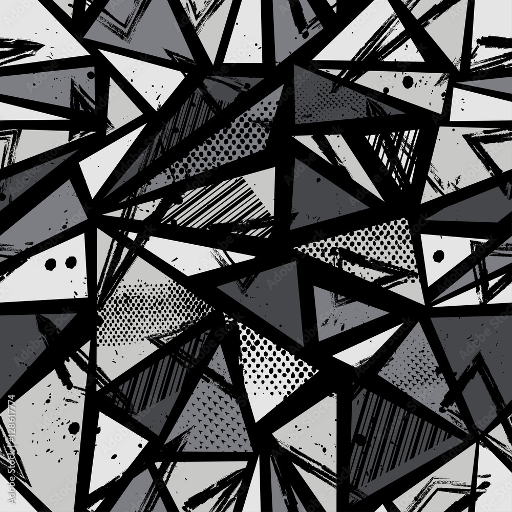 Fototapeta premium Abstract seamless pattern for girls, boys, clothes. Creative vector background with dots, geometric figures,stripes inscriptions.Funny wallpaper for textile and fabric. Fashion style. Colorful bright.