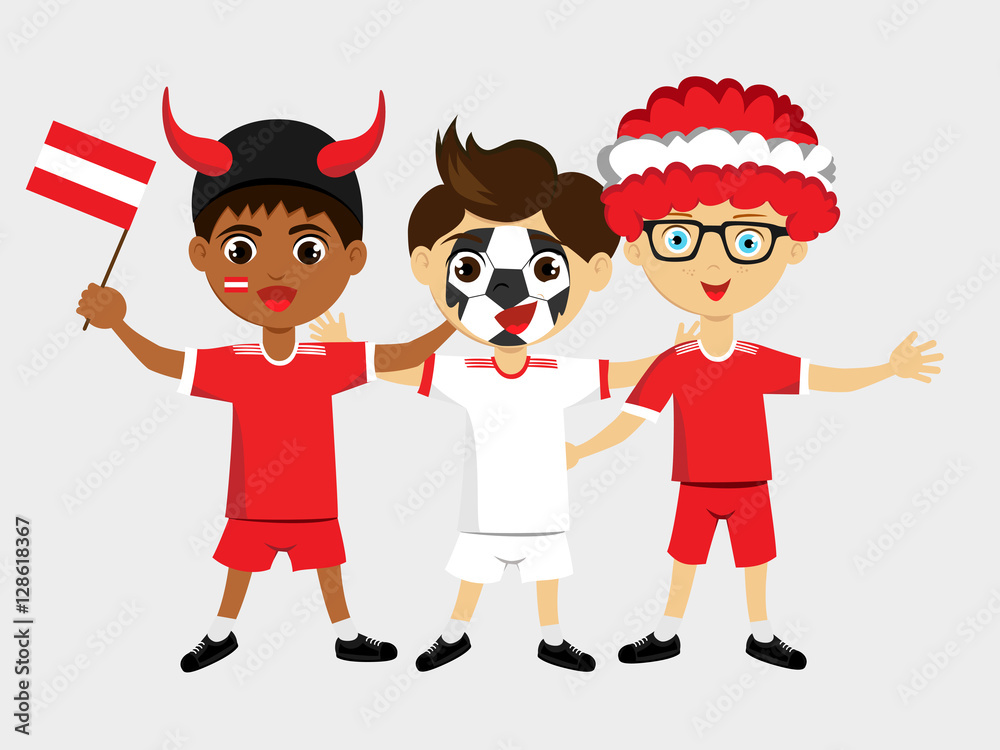 Fan of Austria national football team, sports. Boy with flags in the colors of the national command with sports paraphernalia Fan of Austria national football team, sports. Boy with flags in the colors of the national command with sports paraphernalia