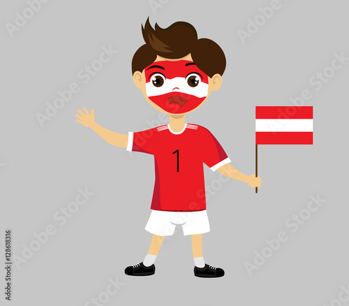 Fan of Austria national football team, sports. Boy with flags in the colors of the national command with sports paraphernalia