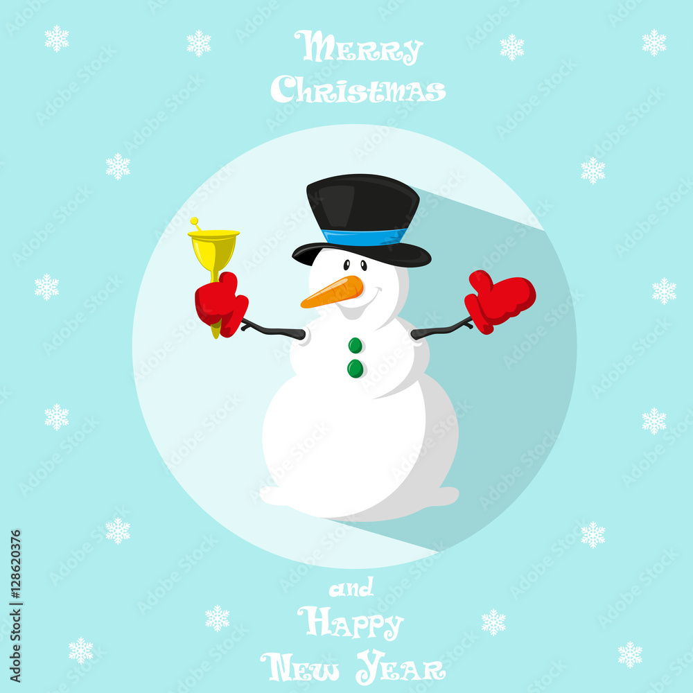 Holiday symbol. Icon cute snowman. Hat and gloves. Circle on blue background. Snowflakes. Design element for decoration poster, banner, flyer, greeting card. Cartoon style. Vector illustration Holiday symbol. Icon cute snowman. Hat and gloves. Circle on blue background. Snowflakes. Design element for decoration poster, banner, flyer, greeting card. Cartoon style. Vector illustration