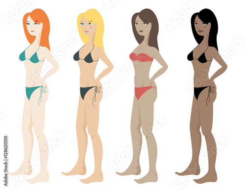Four beautiful women wearing swim suit with different skin types: white skin, olive skin, brown skin and black skin. Front view, isolated on white background vector image.