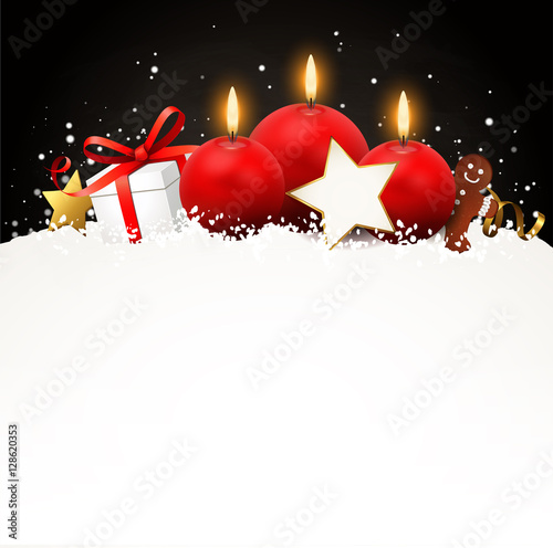 Dritter Advent - Grußkarte mit Kerze und Weihnachtsmotiven im Schnee, Vorlage