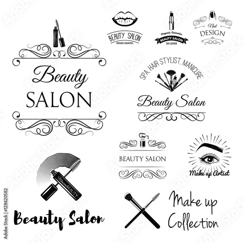 Beauty Salon Design Elements in Vintage Style. Lipstick, mascara, lips, manicure, women eyes, make up brushes, nail and finger. Filigree frame