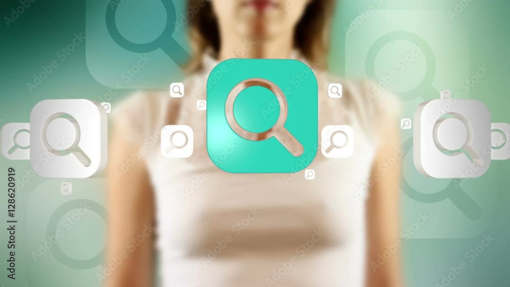 Young female pressing the screen then search symbol appearing
