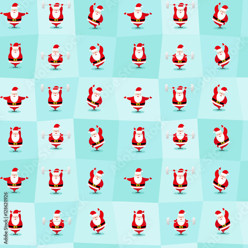 Seamless Happy New Year and Merry Christmas background funny sportsman Santa Claus does morning exercises in different poses. Vector illustration
