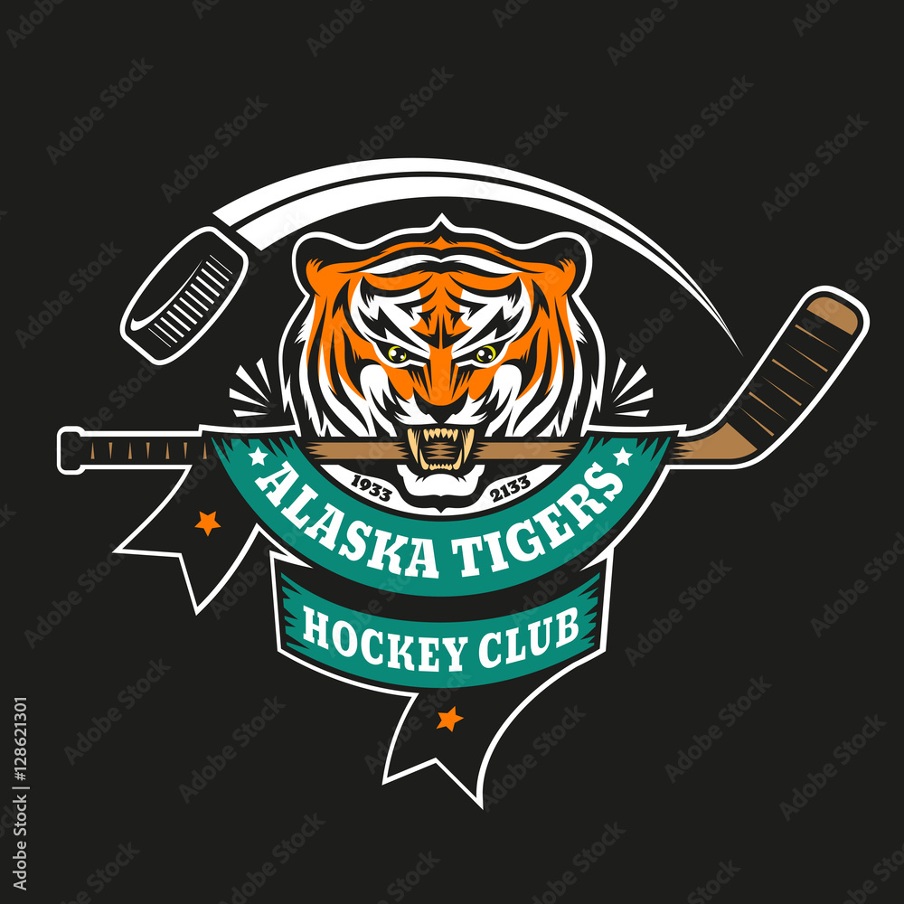 Obraz premium Emblem of hockey club - tiger with a stick in his teeth on a black background. Layered vector illustration easy to edit.