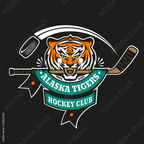 Emblem of hockey club - tiger with a stick in his teeth on a black background. Layered vector illustration easy to edit.