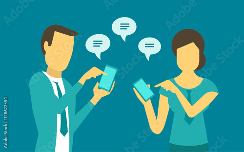 Woman and man exchange messages in the phone.
