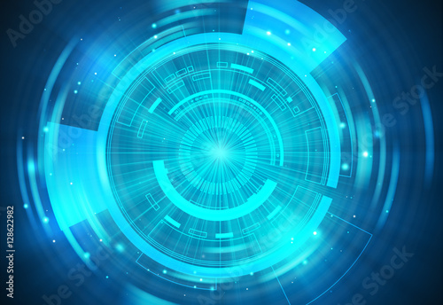 Blue technology background and abstract digital tech circle fractal radial.