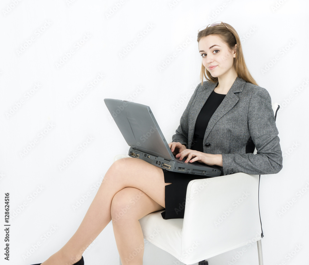 business woman laptop on white background business woman laptop on white background