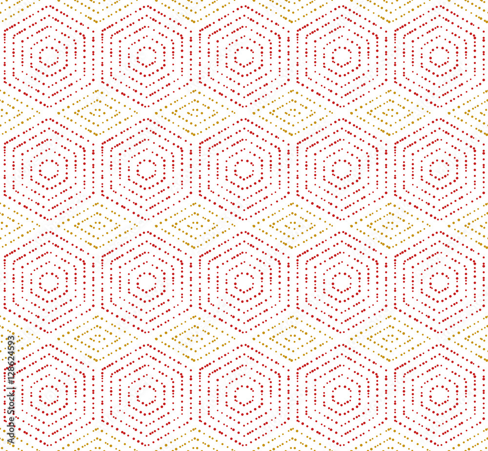 Geometric repeating vector ornament with hexagonal dotted elements. Seamless abstract modern pattern