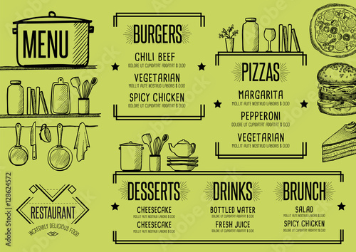 Menu restaurant, food template placemat.