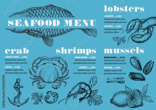 Menu seafood restaurant, food template placemat.