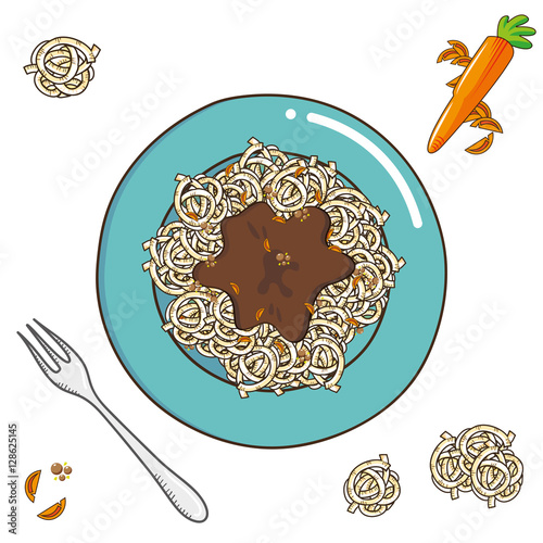 Bolognese sauce pasta. Traditional italian fettuccine in a colorful plate. Vector image, isolated on white background, top view, ingredients on the side.