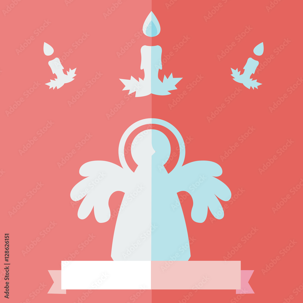 Obraz premium A white Christmas Angel flat design illustration, under a candle on a purple background, with a ribbon for copy space on the bottom. Vector image.