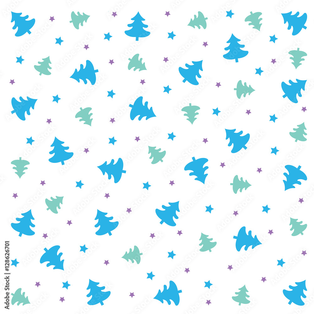 Christmas pattern: green and blue trees,  violet and silver stars on white background. Vector Image, isolated