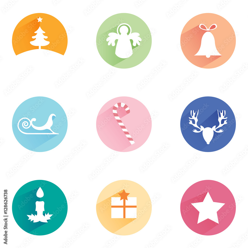 White flat design Christmas rounded shape icon set: Christmas tree, angel, bell, candy cane, rein deer, sleight, present, star, candle with long shadow on different colors background. Vector image.