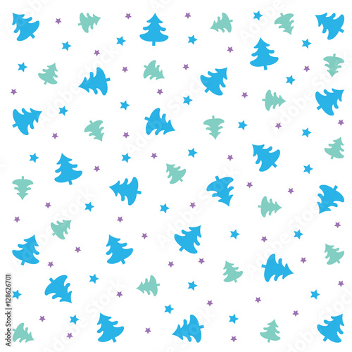 Christmas pattern  green and blue trees   violet and silver stars on white background. Vector Image  isolated