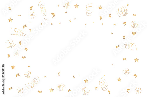 Golden confetti on white background with copy space on center