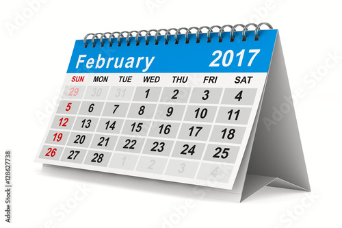 2017 year calendar. February. Isolated 3D image