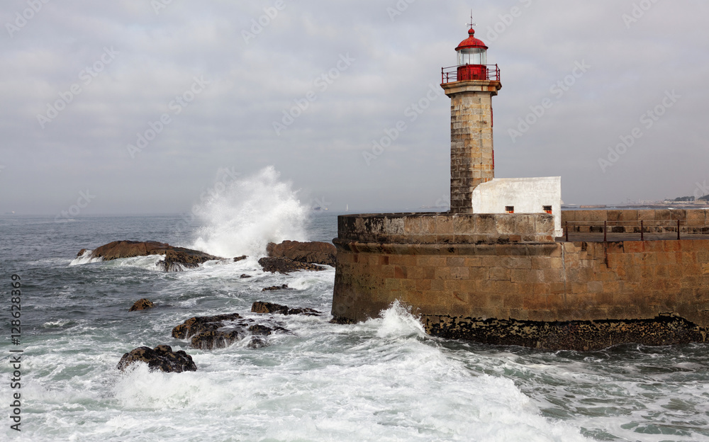 The Felgueiras Lighthouse at Douro river mouth in Foz do Douro, Porto, Portugal.