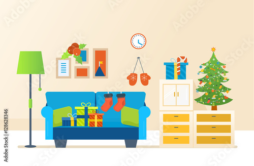 Atmosphere of the new year, furniture for relaxing. Merry Christmas.