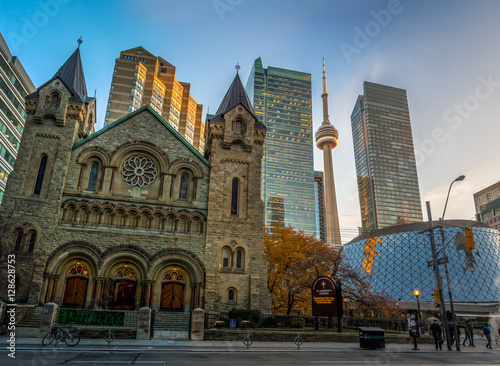 Photography Panoramic view of St Andrew's Presbyterian Church and CN Tower - Toronto, Ontari