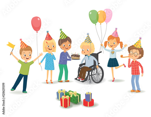 Group of happy children congratulates disabled child on his birt