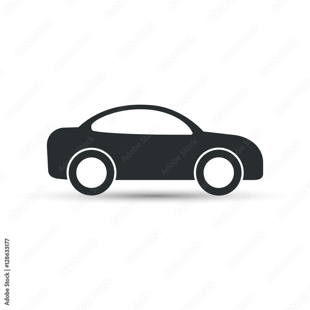 Car icon, vector. Side view. Simple black car sign with shadow.