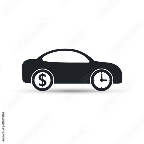 Car icon business concept. Time is money concept. Car wheels as a coin and clock.Vector isolated illustration.