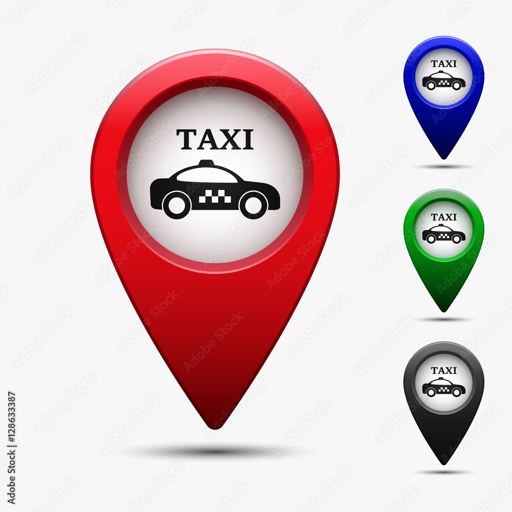 Map pointer set with symbol taxi cab in flat design. For location maps. Color sign for navigation. Index location on map. Vector isolated illustration. Map pointer set with symbol taxi cab in flat design. For location maps. Color sign for navigation. Index location on map. Vector isolated illustration.